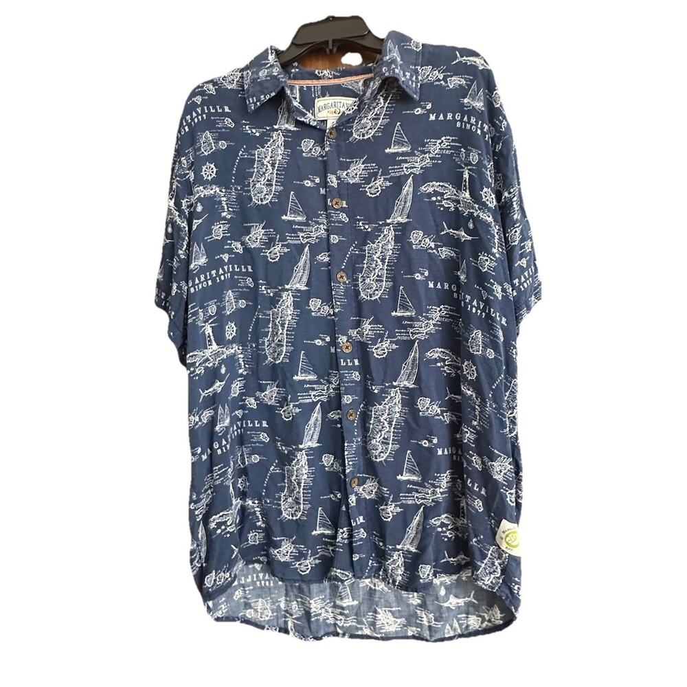 Margaritaville Button Up Shirt Mens Large Navy Sailing Map Beach Camp Resort Isl